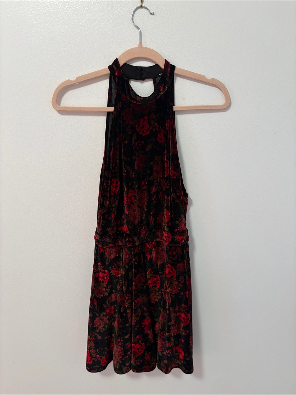 Free People Black Velvet Romper Jumpsuit Onesie with Deep Red Floral Accents